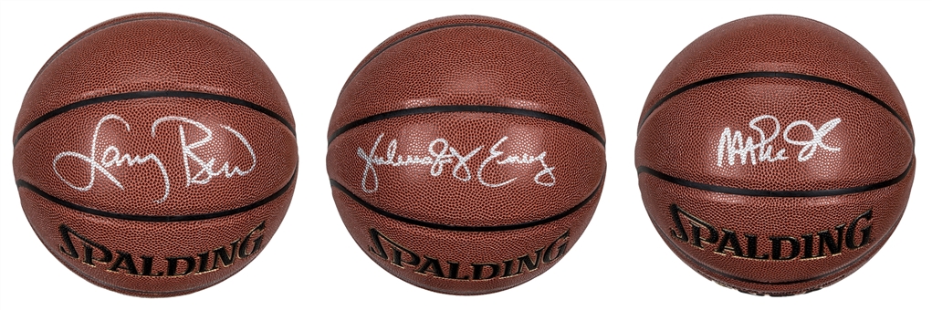 Lot of (3) NBA Fall of Famers Single Signed Spalding Basketballs: Bird, Erving & Johnson (Schwartz)